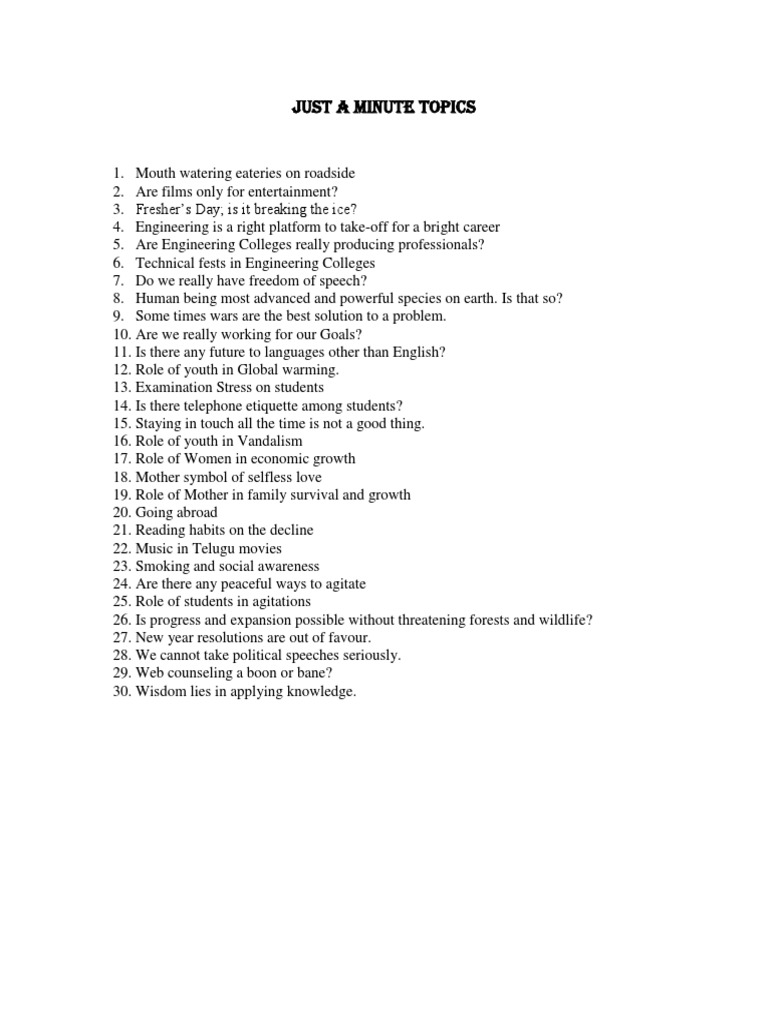 just a minute topics in hindi jam topics 2019